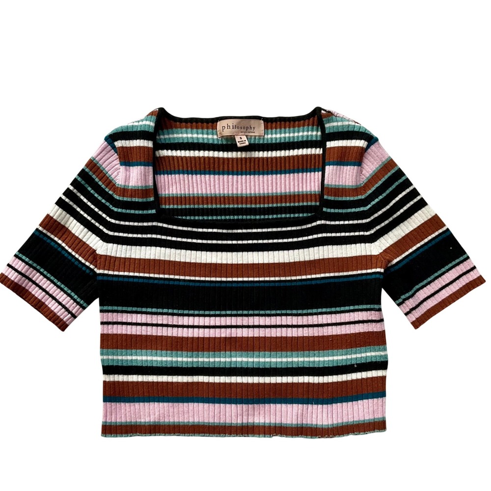 Philosophy Striped Ribbed Stretch Knit Square Neck Crop Top Small Y2K 90s Retro